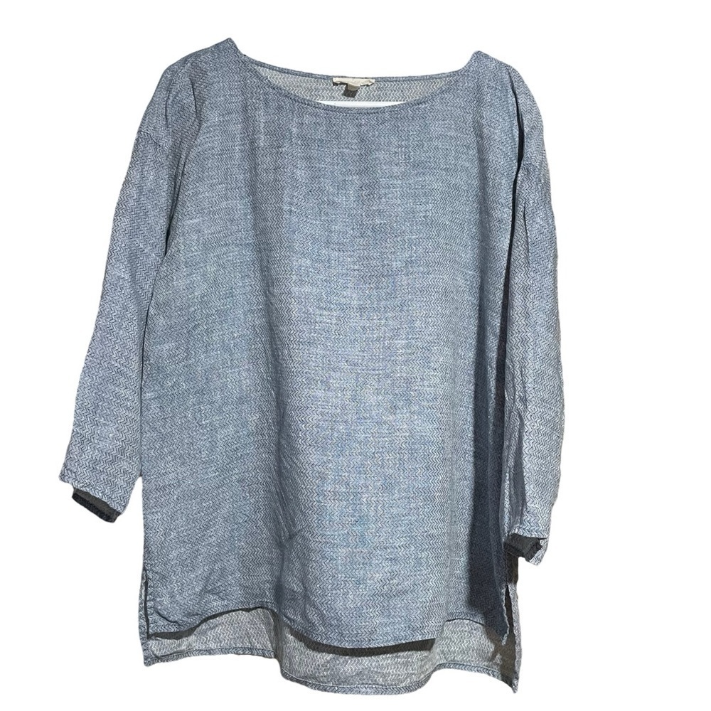 Eileen Fisher Women Light Blue Boat Neck Herringbone
Pattern Blouse Size Small
